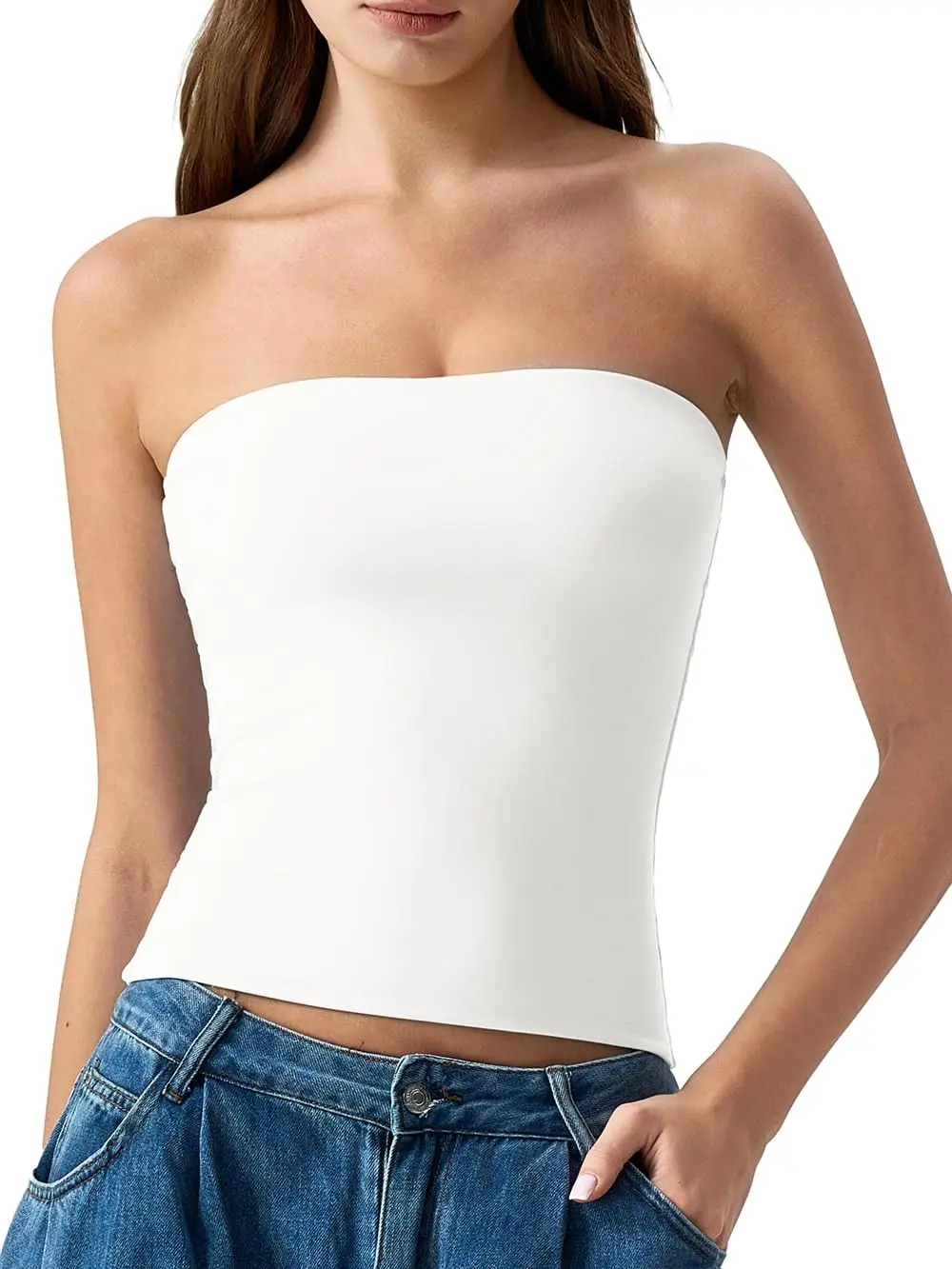 Women's Croptop White Tube Top Double Lined Strapless Bandeau Top Summer Slim Fit Going Out Tank Tops