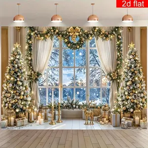 Christmas Party Banner 1pc 2D Flat Polyester Indoor Christmas Tree Window Pattern Photography Backdrop Durable Winter Holiday Wall Decoration Living Room Outdoor Sign Ornaments