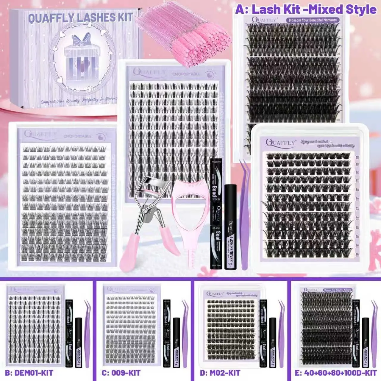 Lash Extension Kit 762 PCS Mixed Style DIY Eyelashes With Lash Bond&Seal Eyelash Glue Remover Tweezer Mascara Shield Lash Curler and Brush for Self Application At Home Eyelashes Makeup Set, Cosmetic Tools
