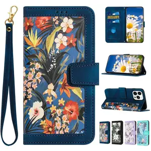 Floral Pattern Flip Leather Case with Wrist Strap, Multi Card Position Phone Case, Fashion Phone Protective Case for iPhone, Cover, Protector, Flower, Cellphone, Phone Accessories
