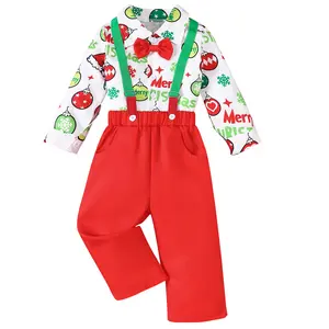 FOCUSNORM Christmas Toddler Boys 2PCS Outfit Sets Long Sleeve Lapel Christmas Balls Print Tops Suspender Pants Autumn Winter Sets