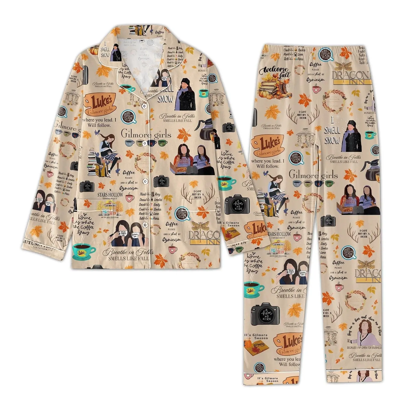 Luke's Diner Pajama Set, Gilmore Girls Satin Sleepwear, Stars Hollow Lounge Wear, Cozy Coffee Lover Nightwear, TV Fan Gift for Readers