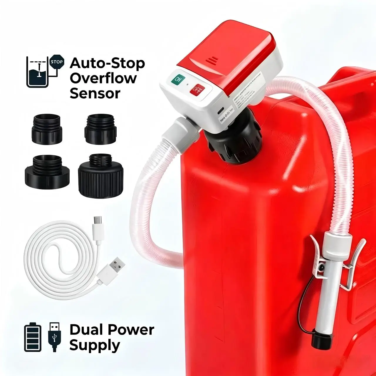 Battery-Powered Fuel Transfer Pump with Auto-Stop Sensor, 30s Alert Beep, 3.2GPM Overfill Protection, 51"Hose, 4 Tank Adapters & Nozzle for Gasoline, Diesel, Oil (Utility Pump for Tools & Hardware)