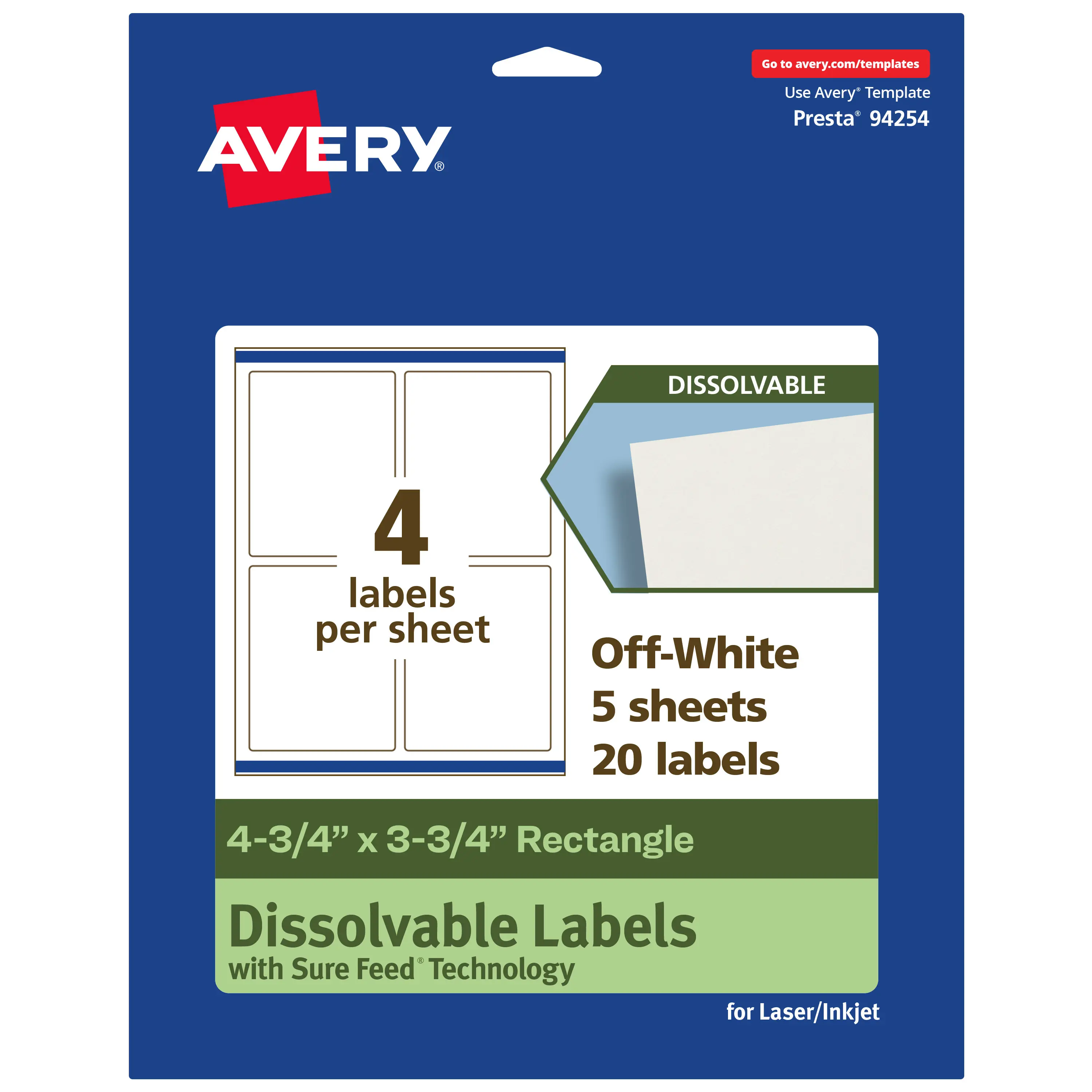 Avery Dissolvable Labels, 4.75" x 3.75" Rectangle