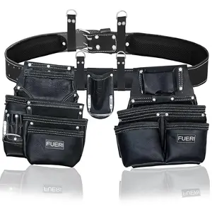 FUERI 19 Pocket Leather Tool Belt,Comes with Padded Belt, Big Pouches, Hammer Holder and Suspender loops, Ideal for Construction Workers, Carpenters and Electrician.