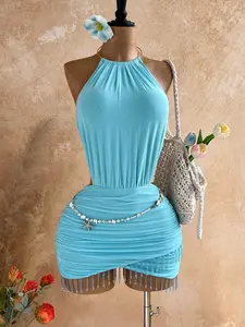 Sexy Backless Hollow Out Mini Dress with Rhinestones and Tassel, Womenswear, Perfect for Evening Parties Valentine's Day Date Night Bohemian Style All Seasons