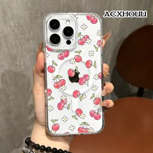 Magnetic Trendy Case for iPhone 17 16 E Pro Max 15 Plus 14 13 12 11 XS XR, Minimalist  Pixel Cherry Y2K Pattern Print | Silicone, Shockproof, Cute, Stylish, and Protective