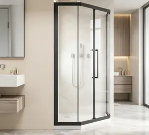 Neo-Angle Sliding Shower Enclosure 36"x72" 1/4" Clear Tempered Glass Diamond Shaped Door Double Rollers Stainless Steel Handles Black Adjustable Wall Profile Watertight Seals summerwins