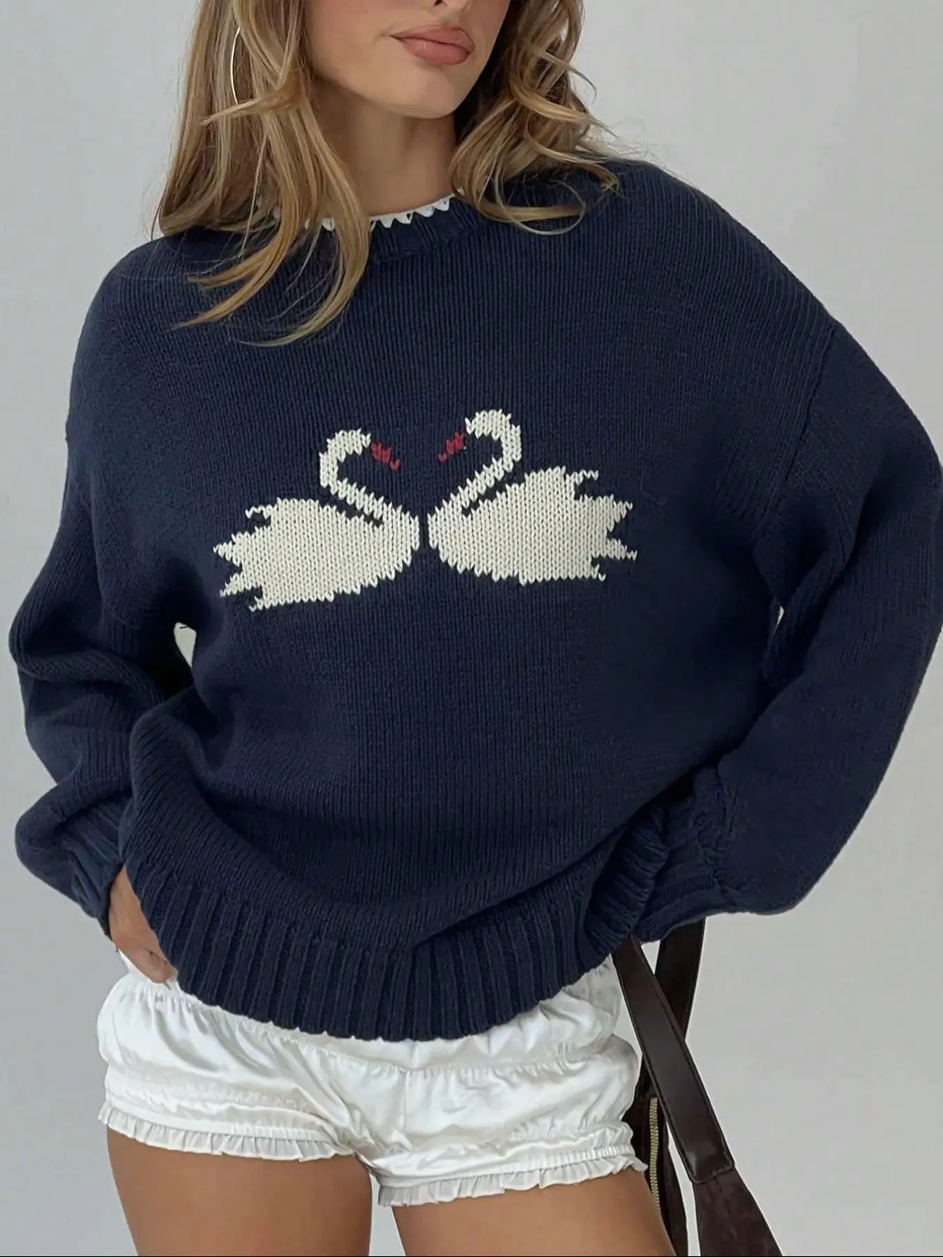 Women's Navy Blue Knit Sweater Pullover with Swan Heart Graphic Loose Fit Long Sleeve Casual Knitwear Oversized Drop Shoulder Warm Soft Jumper Vintage Aesthetic Winter Fashion Top Womenswear Knitting
