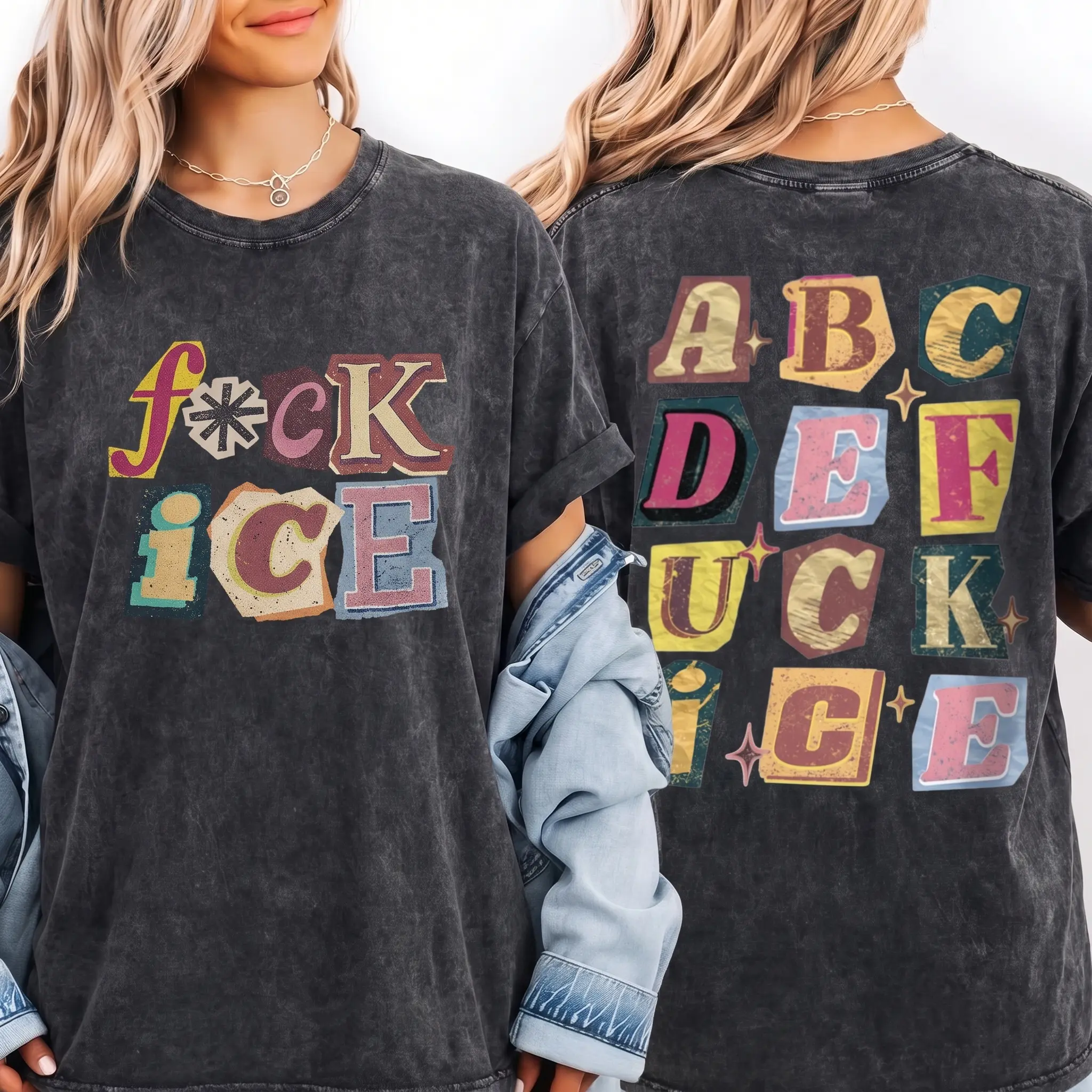 Patchwork Scrapbook Letter Font Front And Back Double Sided Washed Black Activism Vintage T-Shirt Retro Cut Letter Oversized Tee Tshirt Menswear
