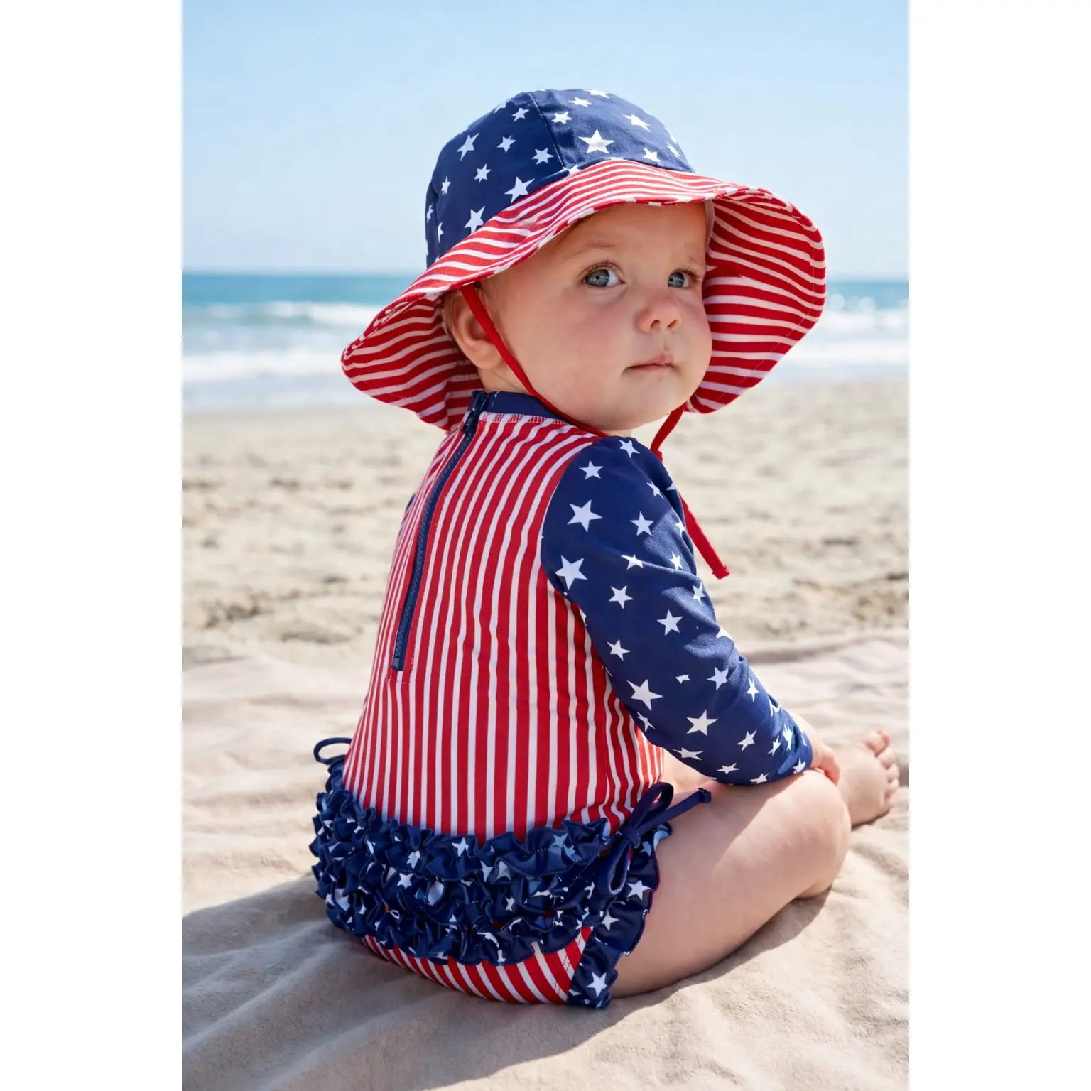Girls' Stars & Stripes Rash Guard, Long Sleeve 1-Piece Swimsuit with Ruffle Bottom, UPF 50+ Stretch Fabric with Diaper Snaps for Pool Days, Family, Siblings, Patio, Nylon, Uv Protection, Zip, Beachwear, Rash Guard Swimsuits, Diaper Access, Ruffled Hem, Fu