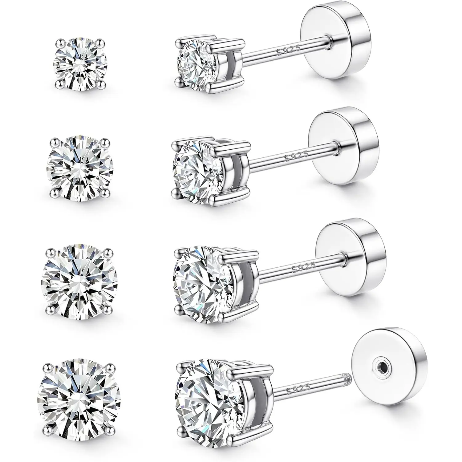 MILACOLATO Female 925 Sterling Silver Flat Back Earrings - Hypoallergenic, Irritation-Free Cubic Zirconia Studs, Elegant Earring Stack for Cartilage/Helix, 2mm/3mm/4mm/5mm Sizes, Daily Wear Gift with Gift-Ready Packaging