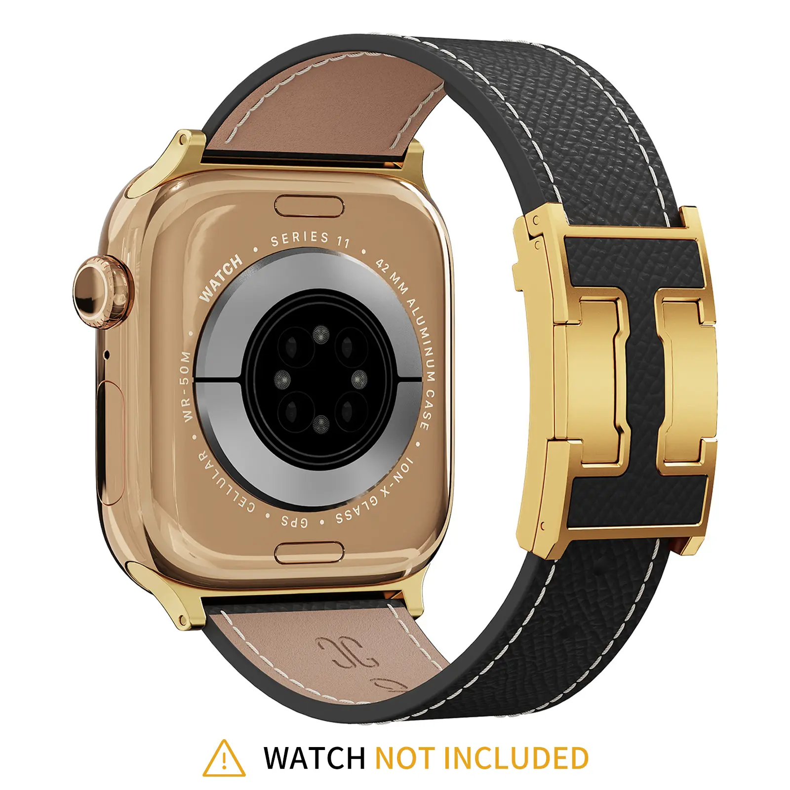 CRAZYGRASS Black Embossed-Grain Leather Band - Sleek Business-Style Magnetic-Folding Replacement with Gold-Tone Clasp for 38-49mm All Apple Watch Series [WATCH NOT INCLUDED] Smart Wearable Accessory