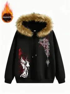 Men's Oversized Faux Fur Hood Graphic Hoodie, Gothic Alt Fashion Streetwear Pullover, Warm Fleece Lined Winter Sweatshirt, Gothic Printed Hoodie