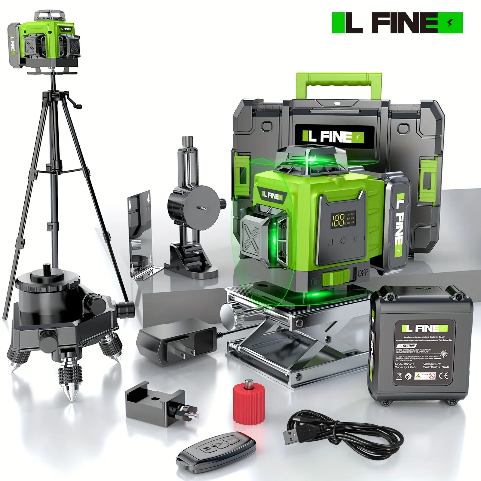 4D 16-Line Green Cross Line Laser Level - Self-Leveling Work Tool with Tripod Compatibility, 360° Full Coverage, Alignment Precision, 2 Rechargeable Lithium Batteries, Fast-Swap Power, Ceiling Installation, 8 Hours Battery, Construction Home Improvement