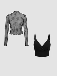 Women's Floral Lace Sheer Long Sleeve Mock Neck Top & Solid Color Cami Top, Elegant Fashion Casual Two-piece Outfits for Daily Outdoor Wear, Ladies Clothes for All Seasons