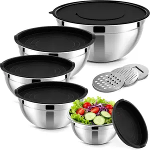 5pcs Black Classic Stainless Steel Airtight Nesting Mixing Bowls Set, with 3 Grinding Attachments, Durable Multifunctional Kitchen Tableware for Food Organization