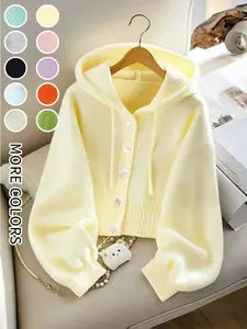 Women's Solid Button Front Hooded Cardigan, Lady Casual Long Sleeve Knitwear Knitting for Fall & Winter, Women's Knit Clothing for Daily Wear, Womenswear Tops, Everyday