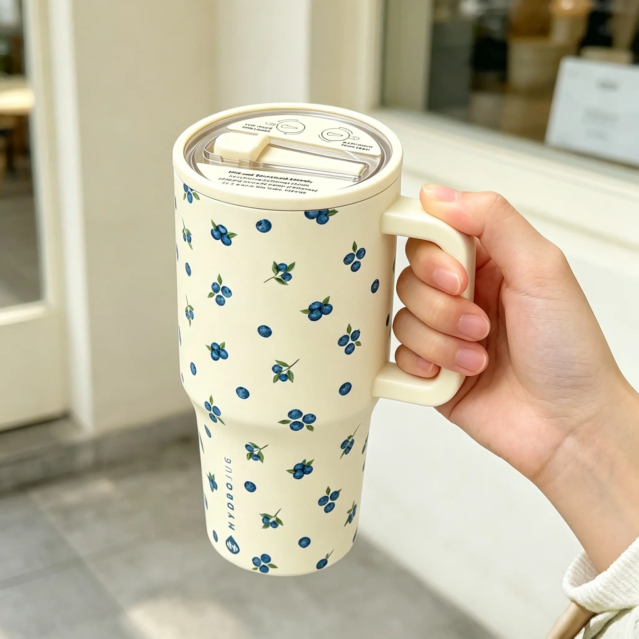HydroJug Cream Blueberry Printed Handle Tumbler - Fresh Forest Style Large-Capacity Dual-Way Leakproof Insulated Vacuum Flask, Portable Water Bottle for Car Commute