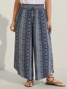 BLOOMCHIC Boho Print Shirred Waist Wide-Leg Pants - Loose-Fitting Summer Resort Vacation Trousers with Slanted Pockets Baggy Women Bottom Womenswear Black Oversize Oversized Wideleg Casual High Rise Casual Fashion Comfy