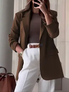 Women's Winter Solid Color Blazer Jacket, Long Sleeves, Stylish Pockets & Lapel Design, Collared, Loose Fit for Office & Daily Wear, Essential Winter Clothing, Chic