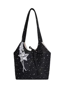 Bottom Silver Star Tote Bag, Unique Design Shoulder Bag, Star Pendant Decoration Women's Bag, Galaxy Pattern Handbag