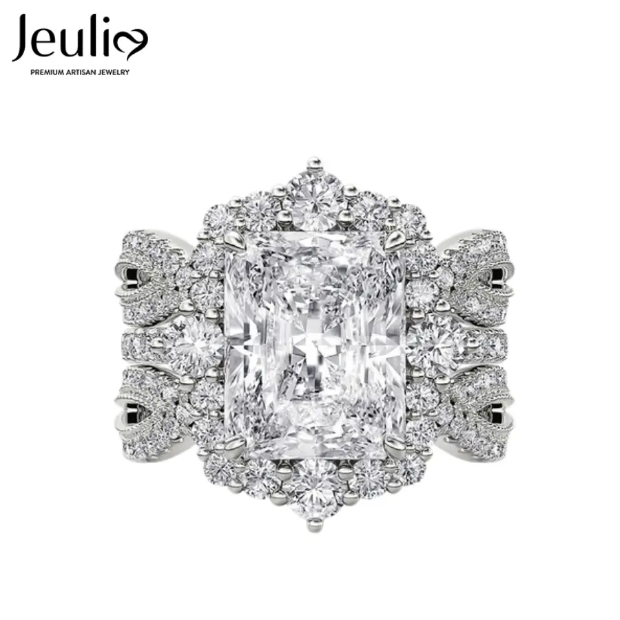Jeulia Women's 925 Sterling Silver Twisted Halo Interchangeable Set - Elegant Fashion Rings for Women, 5.2ct Radiant Cut Stone, 4.5mm, 0.8,1,1.3,1.5,1.8,2.8mm Pavé Accents, Engagement Bridal Gift
