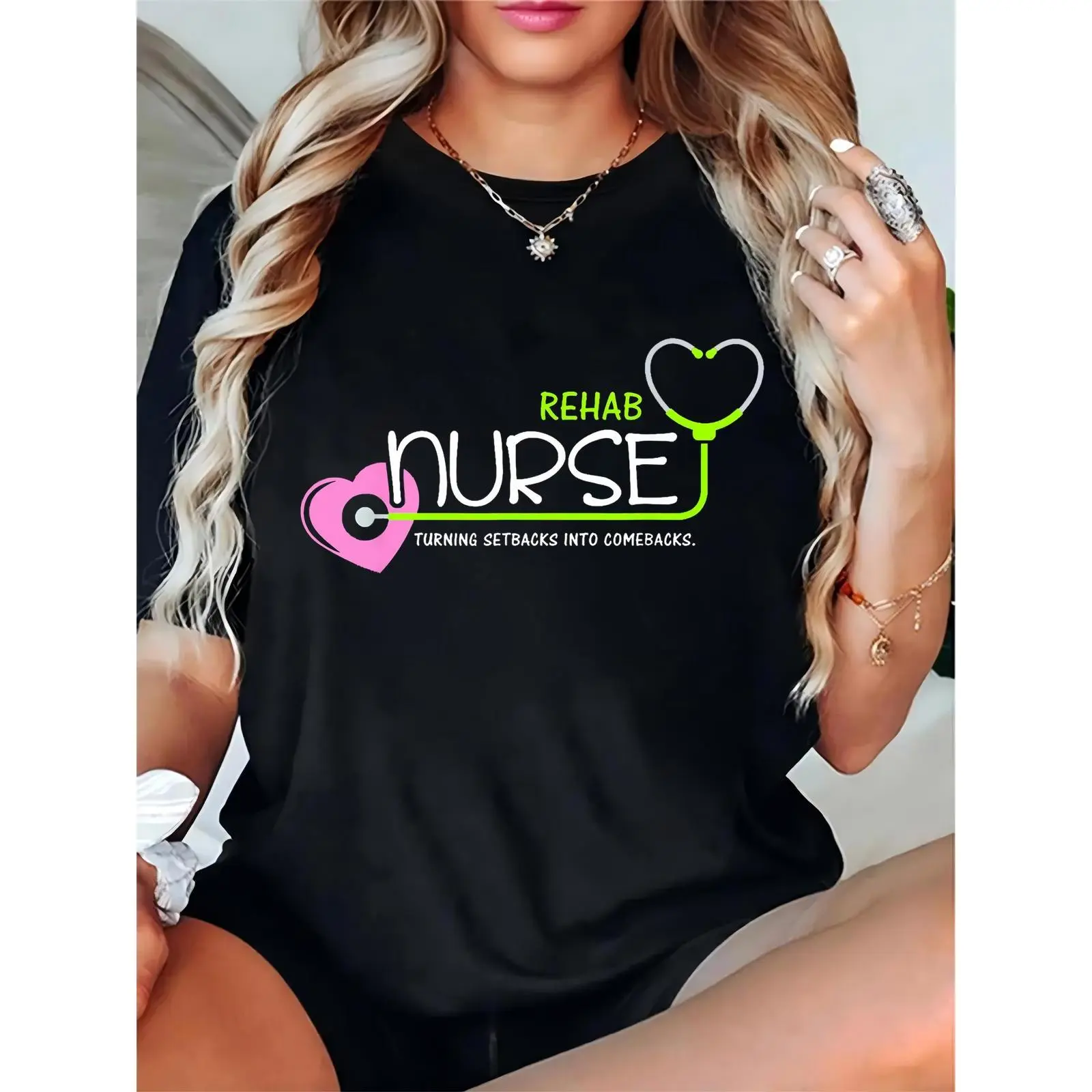 Women's Essential Short-Sleeve Ladies' Tee Tops - Feminine Stethoscope Heart Design, "Turning Setbacks Into Comebacks" Slogan, Round Neck, Simple Regular Fit Comfortable Rehab Nurse Shirt for Healthcare Work