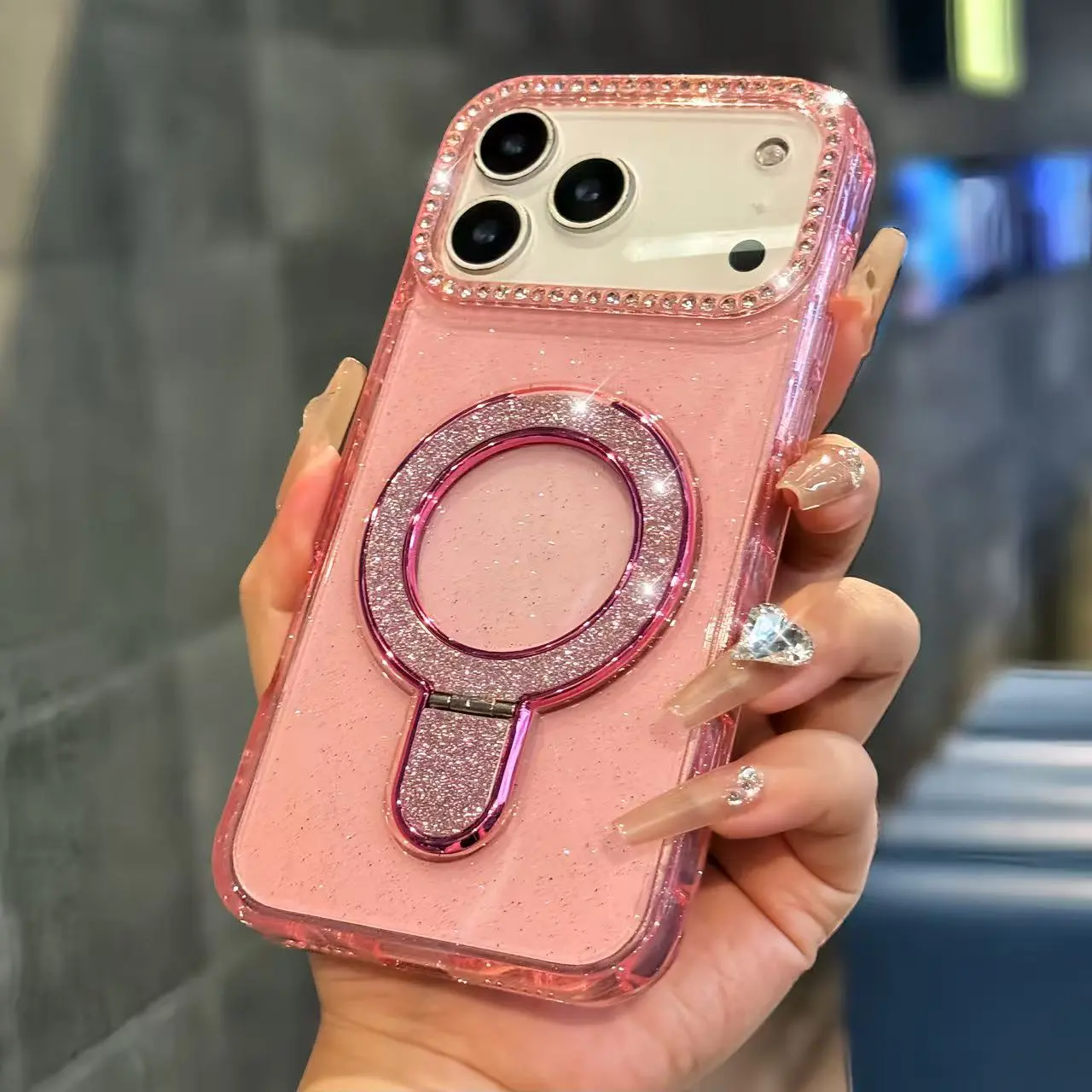 Rhinestone edge bracket phone case, rhinestone phone case, compatible with iPhone 17/16/15/14/13/12 Pro Max, TPU material, solid color phone case, glitter phone case, creative gift phone protective cover
