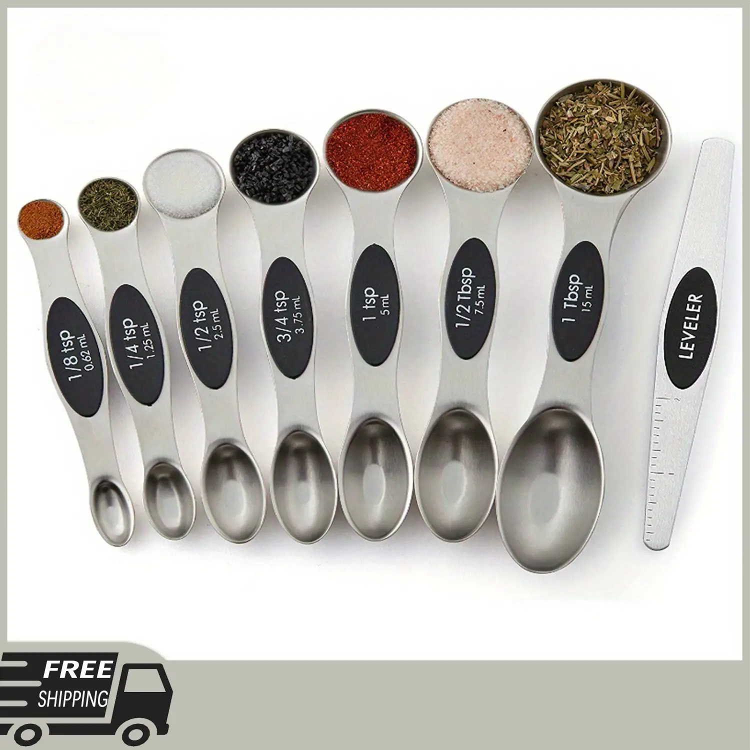 8PCS Magnetic Measuring Spoon Set for Accurate Dry and Liquid Ingredients, Double Sided Stainless Steel Spoon Kitchen Scoop Oval Utensils