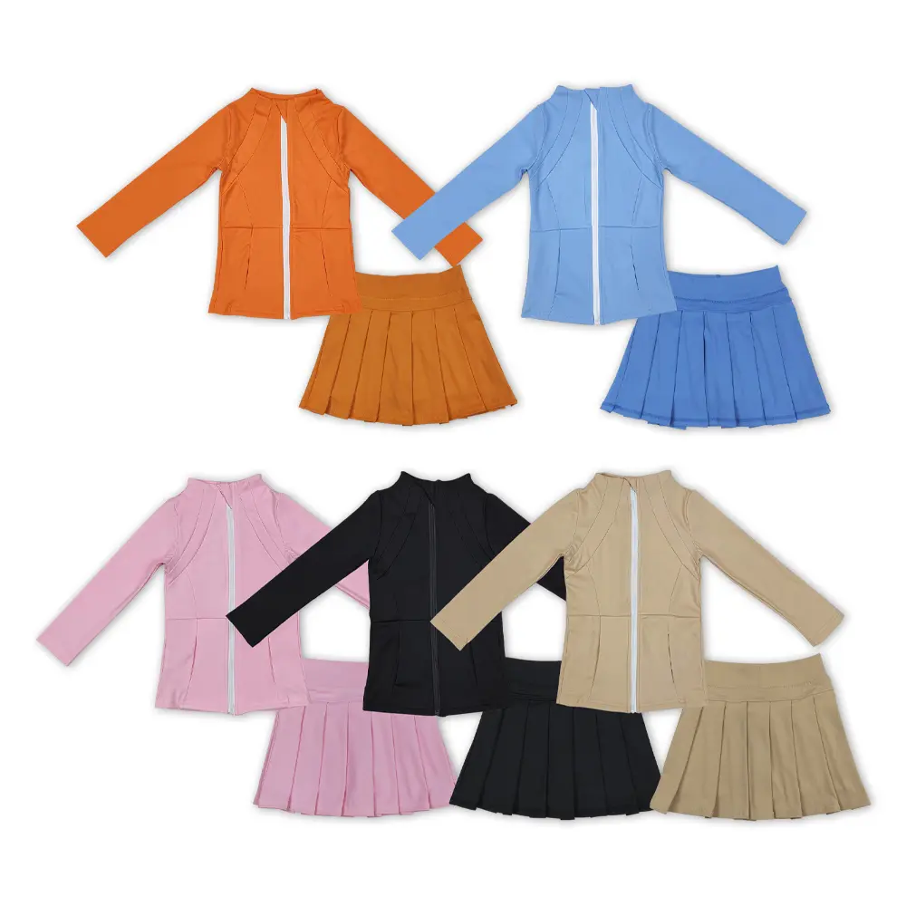 Girls' 2-Piece Plain Yoga Clothes Set - Long Sleeve Zipper Top, Mini Skirt, Multi-Size Casual Wear, Comfortable Kids Clothing Girls Fall Active Wear, Athletic Wear, Active Clothing