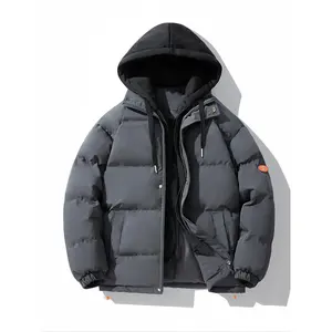 Men's Patchwork Letter Patched Drawstring Hooded Puffer Jacket, Regular Fit Casual Pocket Long Sleeve Zip Up Outerwear for Winter, Men's Clothes for Daily WearMFPL