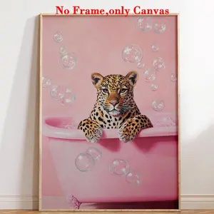 1 Pc, Wall Art, Bathroom Posters, Leopard Print Design, Leopard Animal Print Minimalist Painting in The Bathtub, Dopamine Bathroom Wall Stickers, Bubbly Art, Home Decor, Art Wall Decoration, Unframed