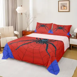 Spider Web Kids Sheet,Black Spider Arachnid Insect Animals Bedding Set,Boys Girls Women Men Room Decor,Happy Halloween Red Blue Fashion Bed Sheet Set