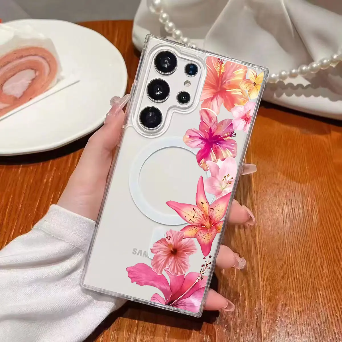 Cute Lilies Flower Pattern Clear Wireless Charging Military-Grade Protection Shockproof Slim Magnetic Phone Case for Samsung Galaxy S59 S25 S24 Ultra S23 S22 S21 S20 Plus Edge FE A14 A15 A16 A35 A36 A54 A56 Note20ultra A57 A55 A37 A26 A25 A17 A06 A05S