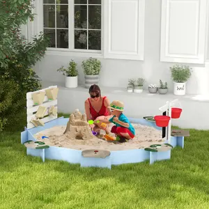 Wooden Sandbox with 6 Spaced Animal Pattern Seats, Blue Large Outdoor Play Area for Multiple Kids, Independent Seating Zones Avoid Crowding and Arguments