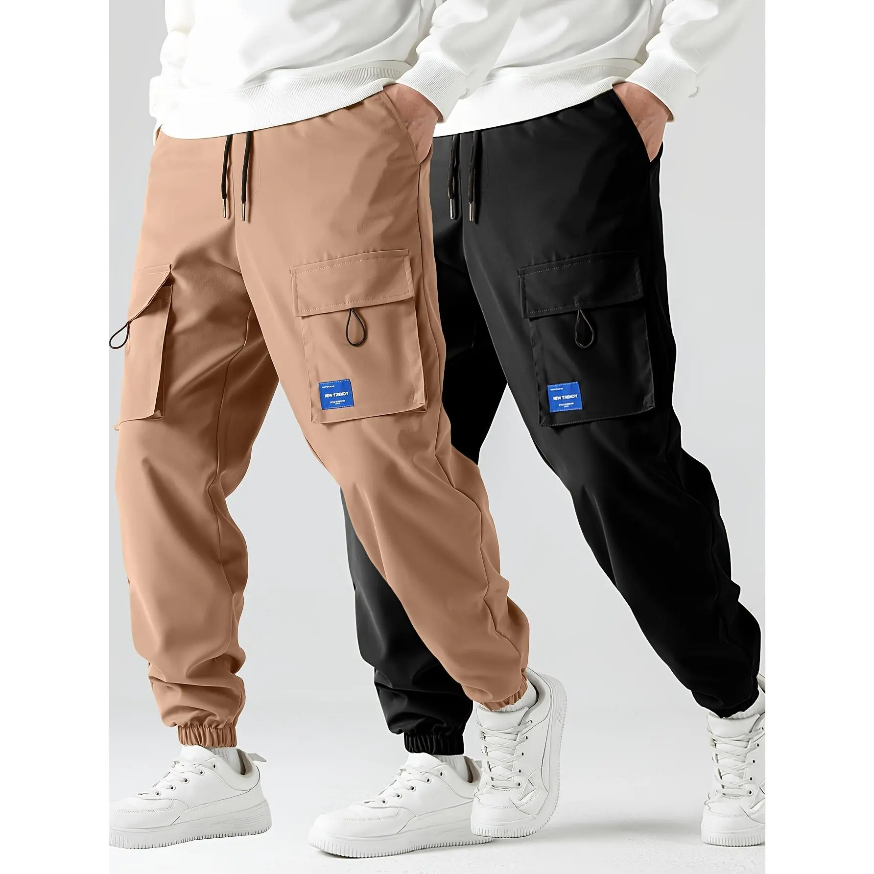Men's 2-PC Plain Summer Work Pants - Menswear, Men’s Clothes, Casual Fitted Pants with Multi-Pockets, Drawstring Waist, Relaxed Easy Fit, Lightweight Breathable Streetwear, Durable Bottoms for Daily Commute, Outdoor Wear jogger brand men trendy Beige