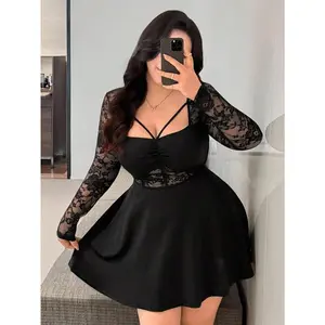 Plus Size Women's Sexy Black Party Lace Patchwork A-Line Long Sleeve Ruched Bust Elegant Vintage Romantic Fitted Cute Minimalist Dress, Suitable For Daily Wear, Back To School, Birthday, Party, Wedding Guest, Cocktail Fall For Women