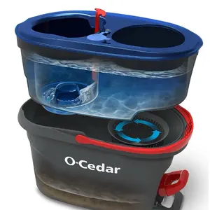 O-Cedar EasyWring Microfiber Spin Mop Red Gray Standard Hands-Free Wringer Bucket Floor Cleaning System with Splash Guard & Telescopic Handle