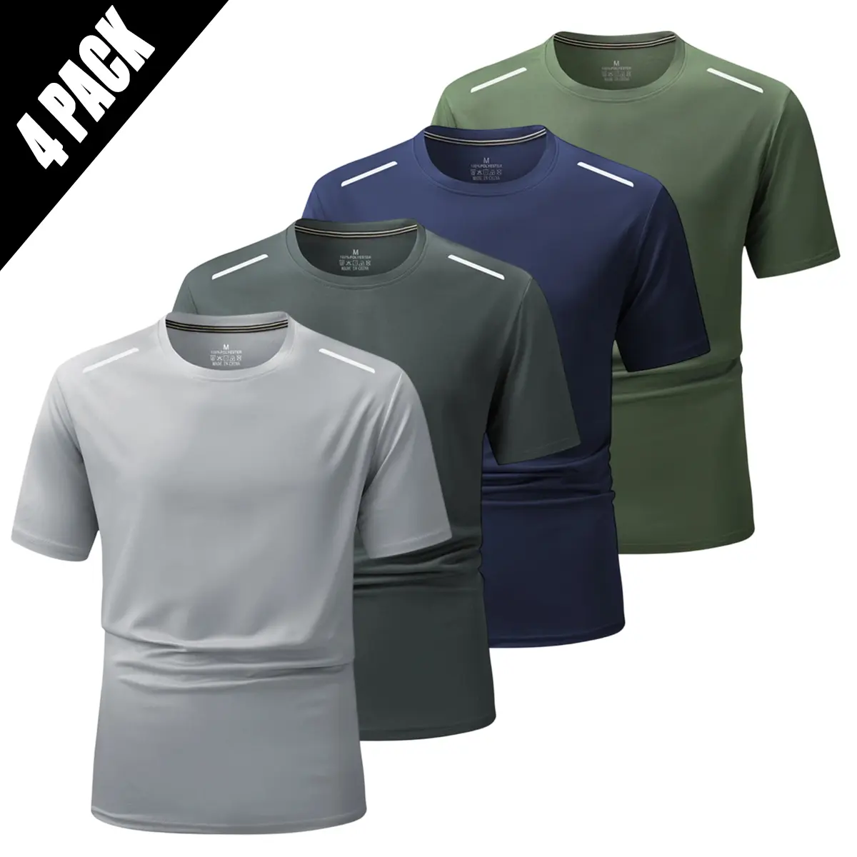 4-Pack Men's Quick-Dry Breathable Fabric Fitness Sports Short Sleeve T-Shirts, Outdoor Running T-Shirts with Reflective Strips for Night Sports, Quick-Dry Breathable Night Running T-Shirts