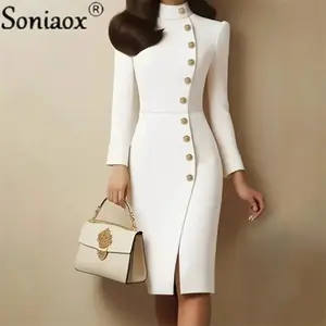 2025 Autumn Women Fashion Solid Metal Buckle Dresses Commuter Office Split Party Dress Ladies Elegant Long Sleeve Simple Robe