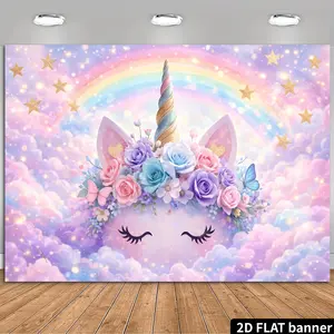 2D Flat Banner Polyester Photography Backdrop, HD Digitally Printed Soft Lightweight Foldable Unicorn Head Rainbow Clouds Stars Floral Pastel Theme Background Cloth for Birthday Party, Event Decor, Photo Booth, Portrait, Studio Ph
