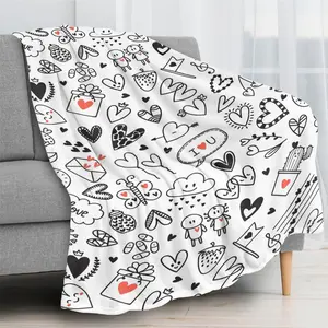 Doodle Love Hearts & Cute Characters Flannel Blanket Soft Cozy Plush Throw Perfect Aesthetic Gift for Teens Valentine's Day Warm Snuggle Blanket for Bedroom Sleepovers Trendy Black White Sketch Design
