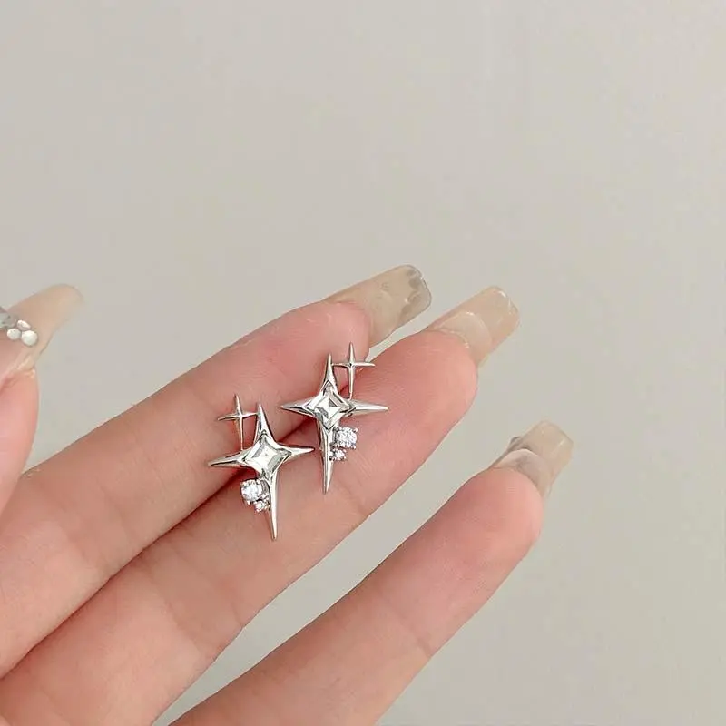 2026 Fashion Silver Color Cross Star Zircon Stud Earrings for Women Girl Korean Four-Pointed Star Personality Earrings Jewellery