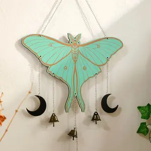 Luna Moth Design Wall Hanging Decor, Butterfly Decor, Boho Style Aesthetic Design Wooden Art with Bell & Moon Charms, Mystical Nature-inspired Decoration for Home, Living Room, Bedroom, Ornaments