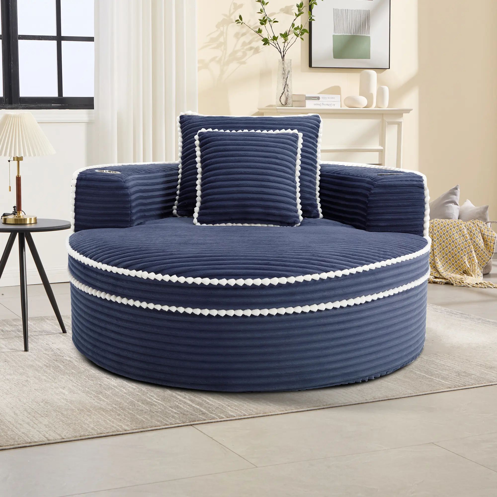 American Single-Seat Velvet Cover Sofa Bed - Tool-Free, Memory Foam & Sponge, Compact Round Sectional Couch with Cup Holder, 3 Pillows for Living Room (Blue, Black, Dark Grey)