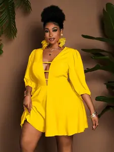 Women's Plus Size Elegant Vacation Solid Color Spring Summer Sexy Lantern Sleeve Jumpsuit, Casual Fashion One-Piece