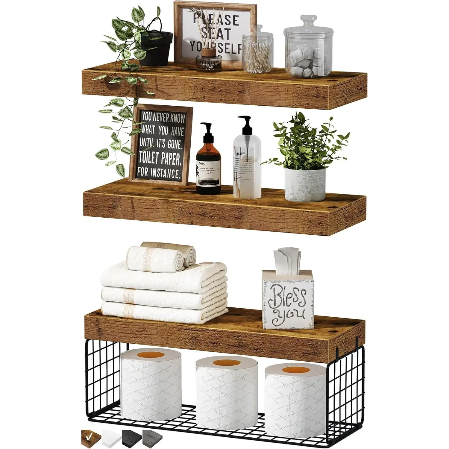 Bathroom Shelves Over Toilet - Wall Mounted Floating Shelves Toilet Paper Storage Small Farmhouse Decor Shelf 16 inch Set of 3, Rustic Brown (019-BN3)