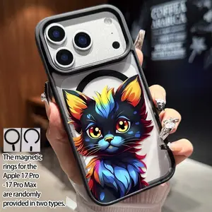 Colorful Cat Pattern Magnetic Ring Case, Ultra Transparent Acrylic Anti-Drop Phone Cover, Compatible with Samsung & Apple Models