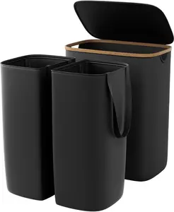 Garprovm Double Laundry Hamper with Lid 150L Large Laundry Basket with Bamboo Handles Foldable Clothes Hampers with 2 Removable Liner Bags for Laundry for Bedroom, Bathroom, Dorm, Laundry Room,Black